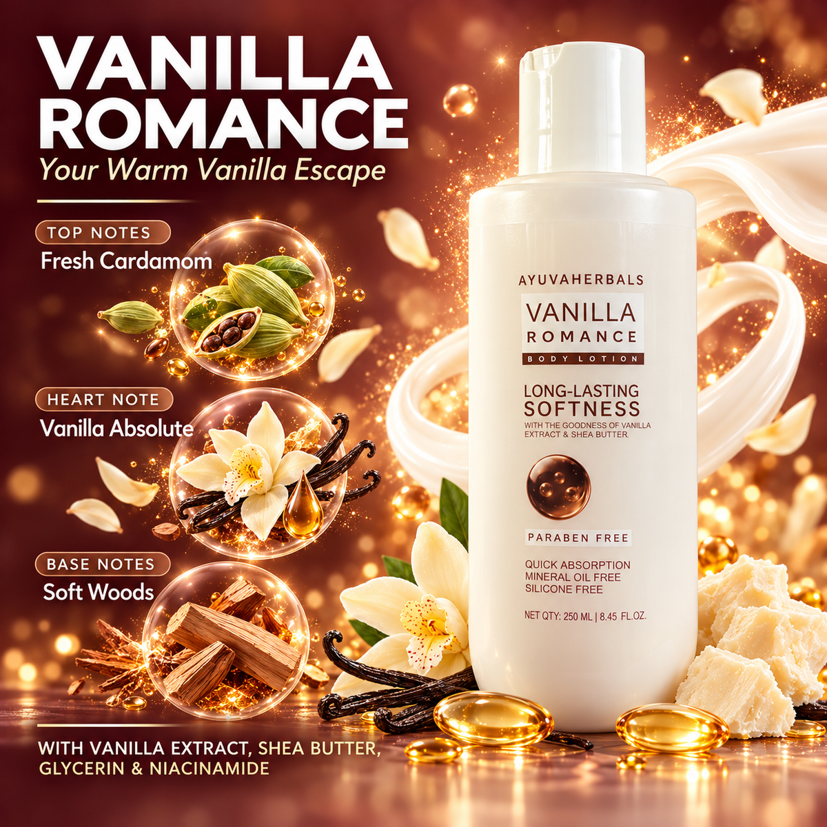 Vanilla Romance Body Wash & Body Lotion Combo with Long-Lasting Fragrance – 250 ml Each